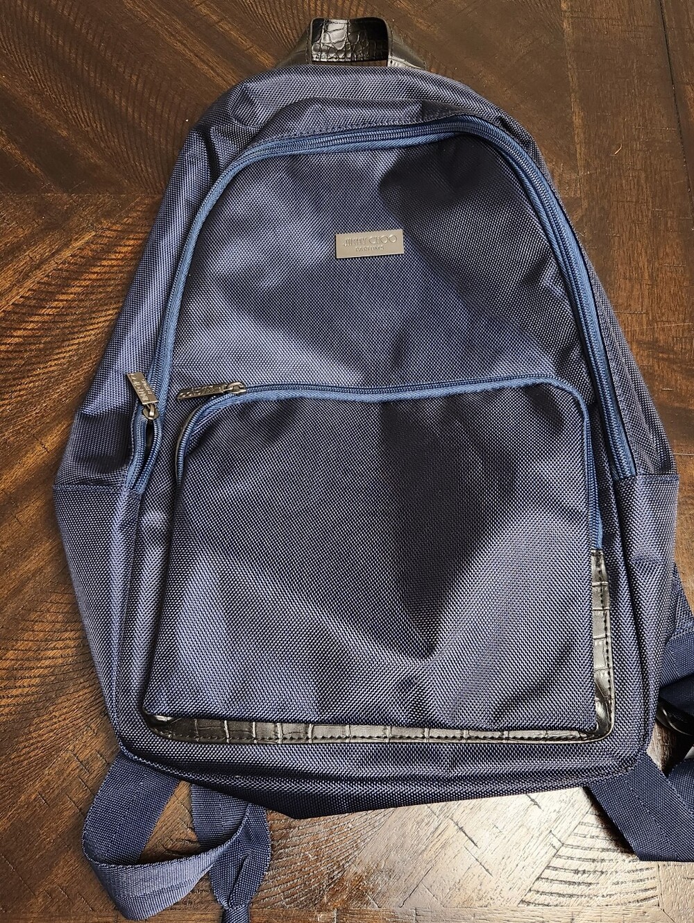 Jimmy Choo Navy Blue Textured Backpack with Logo Plaque